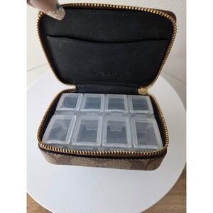Coach Signature Canvas Pill Box Case Brown Tan Zip Around Travel Organizer